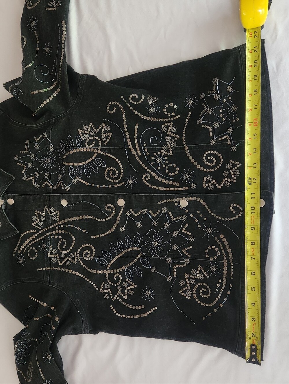 Susan Bristol Black Denim Jacket w Floral Paisley Beaded Sequins - Picture 5 of 16
